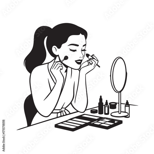 Black and white line art of a beautiful woman doing makeup at dressing table with mirror illustration
