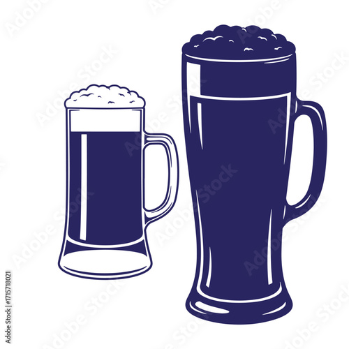 Two dark beer mugs illustration with frothy tops isolated on white background