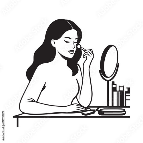 Black and white line art of a beautiful woman doing makeup at dressing table with mirror illustration
