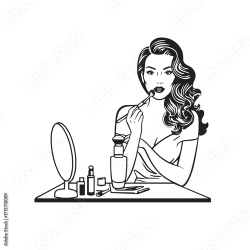 Black and white line art of a beautiful woman doing makeup at dressing table with mirror illustration
