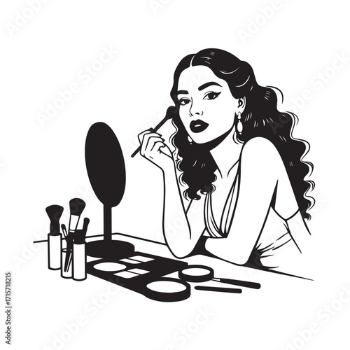 Black and white line art of a beautiful woman doing makeup at dressing table with mirror illustration
