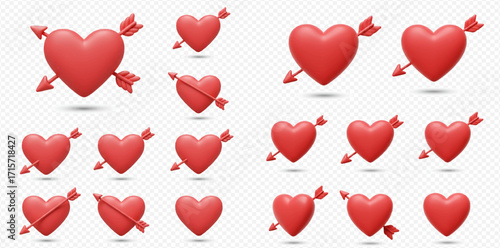 Collection of red hearts pierced by arrows, symbolizing love and affection, arranged on a transparent background.