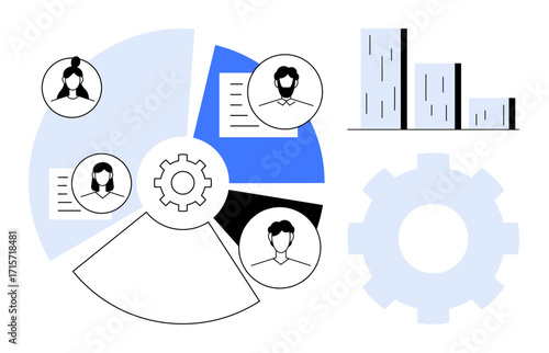 Pie chart with team member avatars, gear icons for process management, bar graph showing performance data. Ideal for teamwork, analytics, strategy, collaboration, productivity, reporting simple flat