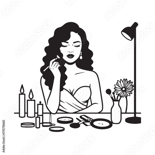 Black and white line art of a beautiful woman doing makeup at dressing table with mirror illustration
