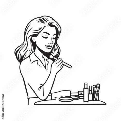 Black and white line art of a beautiful woman doing makeup at dressing table with mirror illustration
