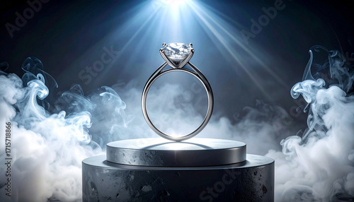 Brilliant diamond engagement ring shining in a spotlight, set against a mysterious smoky background, symbolizing eternal love and commitment