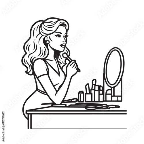 Black and white line art of a beautiful woman doing makeup at dressing table with mirror illustration
