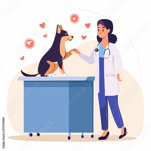 Veterinarian examining a dog in a veterinary clinic. Cute cartoon illustration of pet healthcare and animal treatment