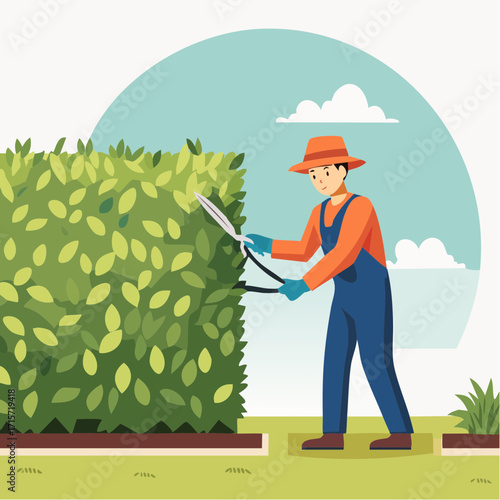 Skilled Gardener Trimming Lush Green Hedge with Manual Shears, Ensuring Meticulous Garden Maintenance and Landscaping, Depicting Outdoor Horticultural Care and Yard Work