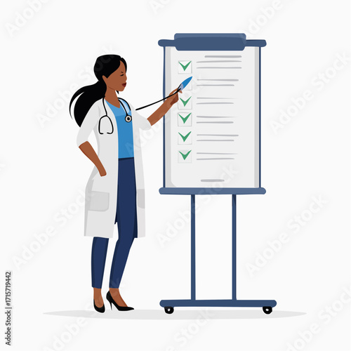 Confident Female Doctor Reviewing Checklist on Flip Chart