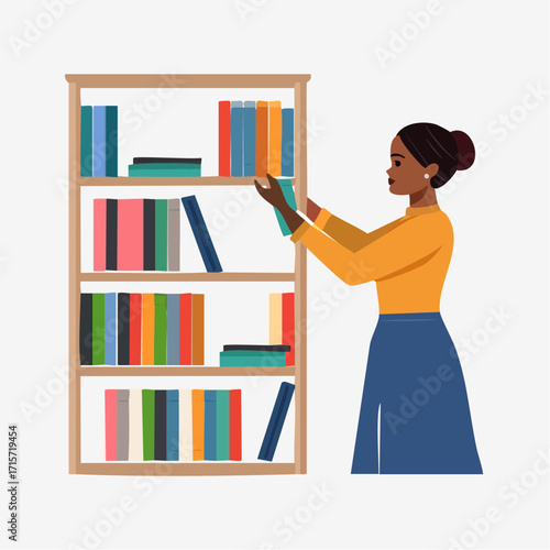 A woman is reaching to place a book on a shelf in a wooden bookcase filled with colorful books, illustrating a scene of learning and personal enrichment