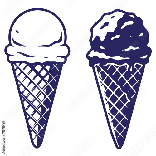 Two simple hand drawn ice cream cones in a navy blue and white vector illustration