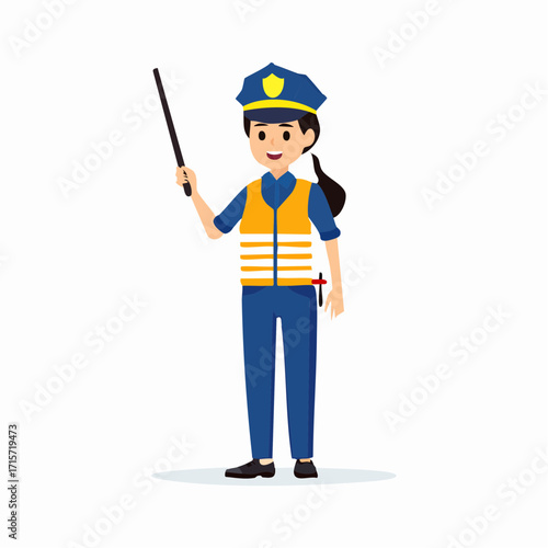 Traffic Safety Officer Female Policewoman Directing Traffic with Baton in Reflective Vest