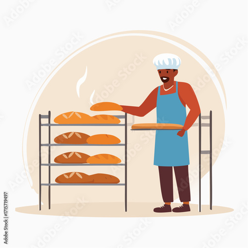 Professional male baker proudly presenting freshly baked, warm artisan bread straight from the oven rack in a modern bakery kitchen, embodying skill and dedication to the craft of baking