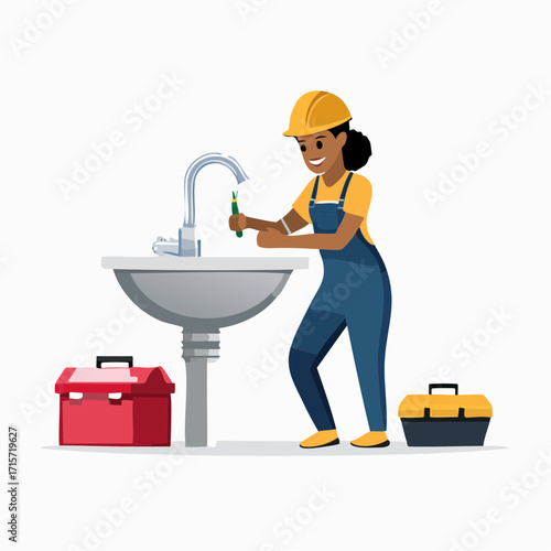 Plumber Woman Fixing a Sink with Toolkit Beside in a Vector Illustration