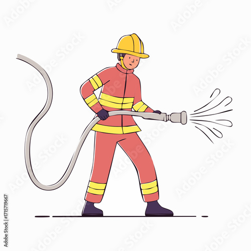 Brave firefighter character in protective suit and helmet spraying water from a fire hose. First responder at work during an emergency situation, isolated vector illustration