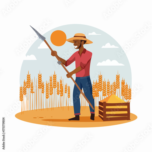 Harvest Time Farmer with Spear Harvesting Wheat in a Field