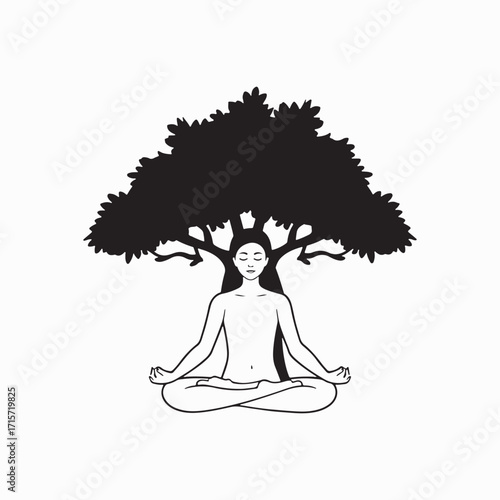 Meditating Person Under a Tree Vector Illustration.