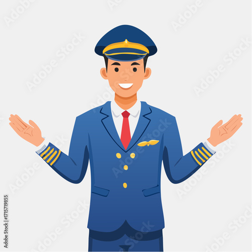 Friendly pilot in uniform with open arms, ready to welcome passengers aboard an aircraft for a safe and enjoyable flight experience