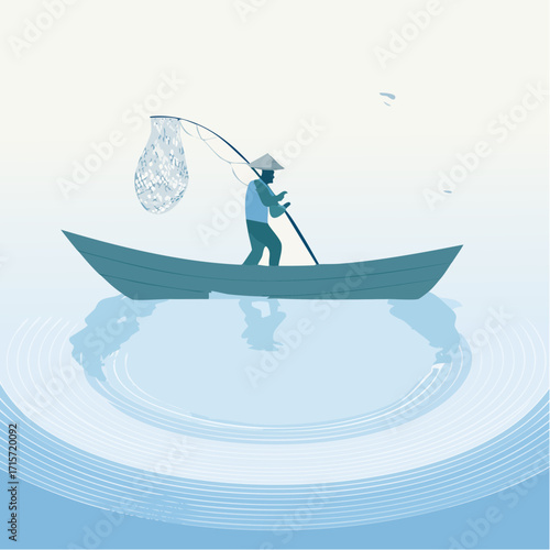 A lone fisherman in a boat casts a net into the calm, rippling water, hoping to catch a fish under a clear sky, symbolizing perseverance and the pursuit of sustenance
