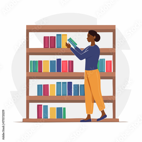 Illustration of a young woman selecting a book from a bookshelf in a library or bookstore, depicting a love for reading and knowledge
