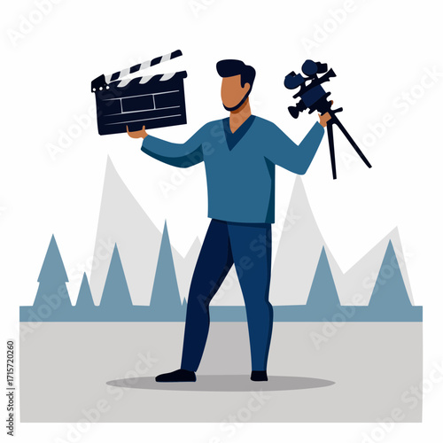 Filmmaker Holding Clapperboard and Camera with Mountains in Background