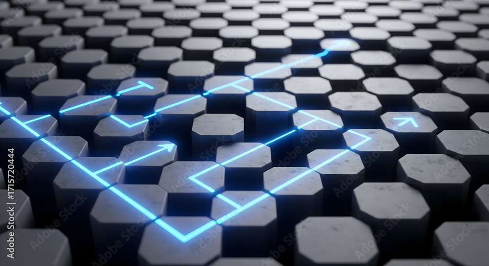 Fototapeta premium Dynamic blue arrow path guides through abstract hexagonal grid