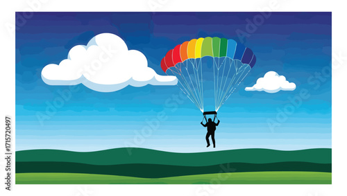 A thrilling illustration of a lone skydiver descending gracefully with a vibrant rainbow-colored parachute against a serene blue sky and lush green landscape, embodying freedom and adventure