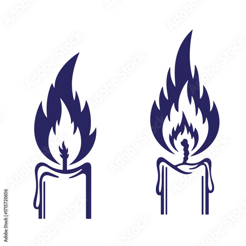 Two stylized navy blue candles with flames burning brightly isolated on a white background