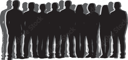 Group of People Silhouette Vector – Black and White Illustration of Diverse Team, Community, Business Colleagues and Corporate Unity Standing Together, Symbol of Partnership and Teamwork