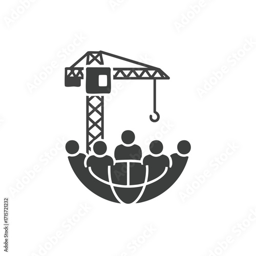 An illustrative icon depicting global construction projects and urban development, emphasizing teamwork, community collaboration, and a skilled workforce building the future.