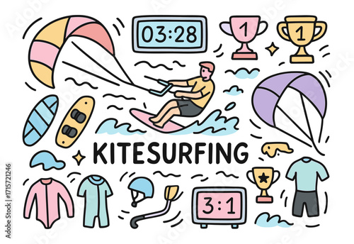 Kitesurfing sport. Sports and adventure іcon set