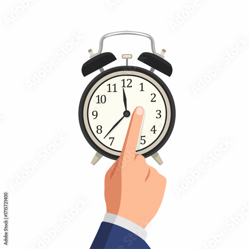 A hand presses the alarm clock's button to stop time.