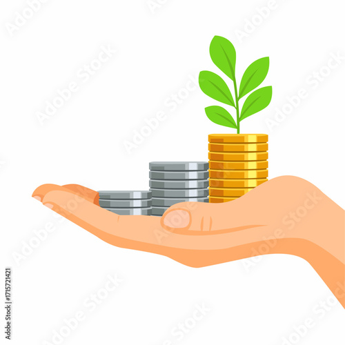 A hand holds money stacks, showing financial growth.