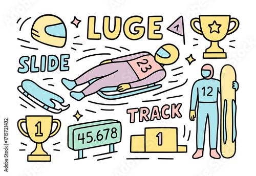 Luge sport. Sports and adventure іcon set