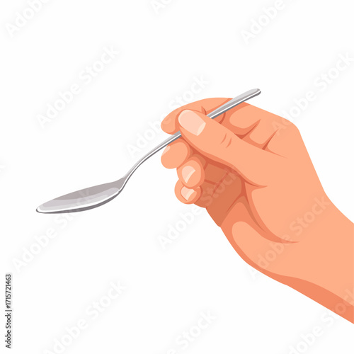 A hand holding a simple silver spoon for eating.