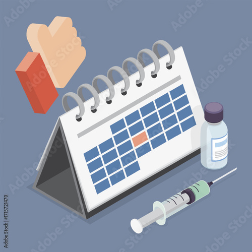 Calendar marked vaccination date. Reminder with pharmacy drug and syringe. Vaccination medical equipment, healthcare medicine. 3d flat isometric vector illustration.
