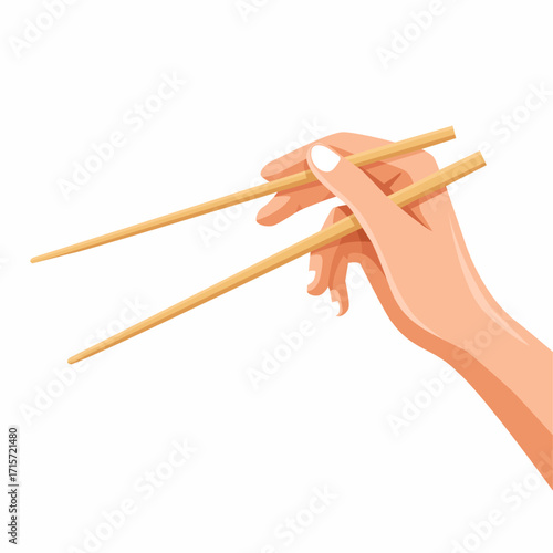 A hand holding two wooden chopsticks, ready to eat.

