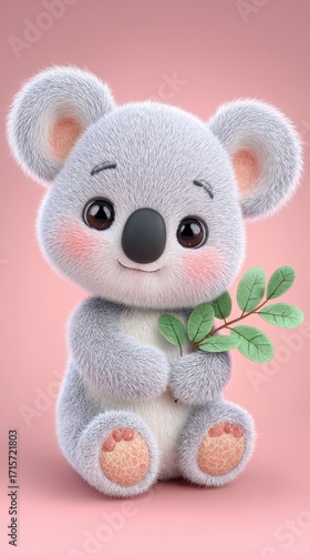 Adorable Fluffy Gray Cartoon Koala Holding Eucalyptus Leaves on Pink Background