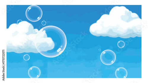A vibrant and playful illustrated scene of soap bubbles drifting through a clear blue sky with soft white clouds, symbolizing innocence and carefree summer moments