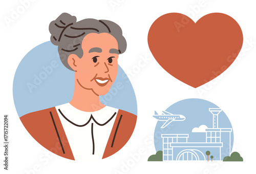Elderly woman portrait, red heart symbol, airport building with airplane taking off. Ideal for themes of senior travel, community care, support, connection, independence, international relations