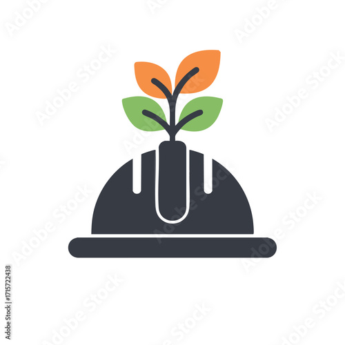 A symbolic graphic featuring a vibrant plant growing from a dark grey hard hat, representing the vital concept of ecological sustainability and environmental initiatives.