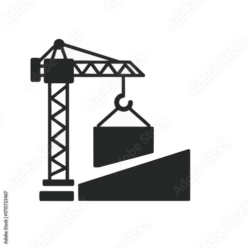 A stark black silhouette icon depicts a towering construction crane actively lifting a heavy rectangular load, symbolizing industrial development and urban progress.