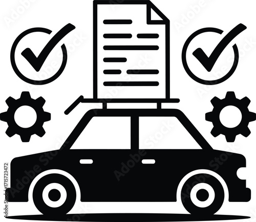 Vector Illustration of a Car with Document and Gear Icons, Highlighting Vehicle Inspection, Maintenance, and Quality Control Processes.