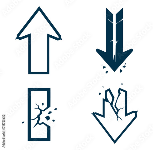 Abstract vector illustration of cracked arrows pointing up and down in different styles