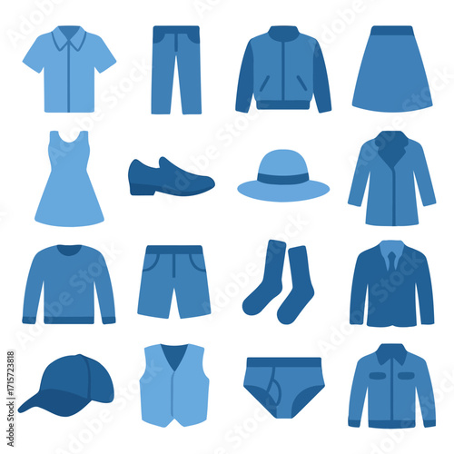 Blue Clothing Variety: A curated collection of blue clothing items showcases a range of garments and accessories, perfect for fashion concepts, illustrating variety and style.