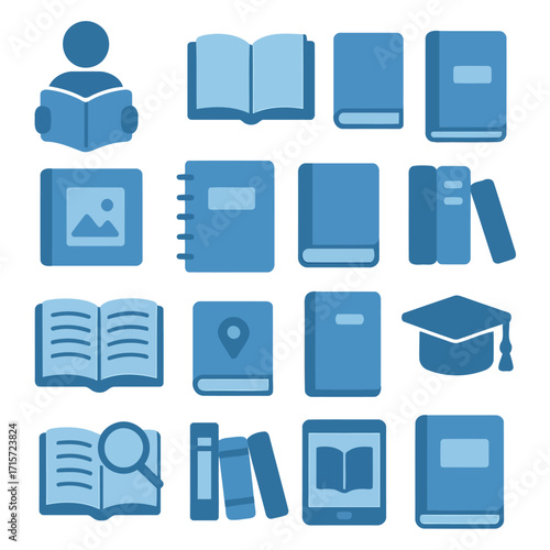 Book Icons for Knowledge: A visually appealing arrangement of vibrant, illustrated book icons showcasing varied themes of knowledge, learning and scholarly study.
