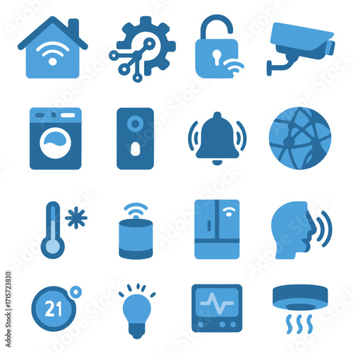 Smart Home Icon Collection: A set of smart home-themed icons, capturing essential components of interconnected living, digitally designed for clarity and modern visual appeal.