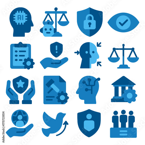 Digital Icons: A collection of thoughtfully designed digital icons, perfect for representing concepts such as AI, fairness, security, and protection. These symbolic elements are ideal for web design.