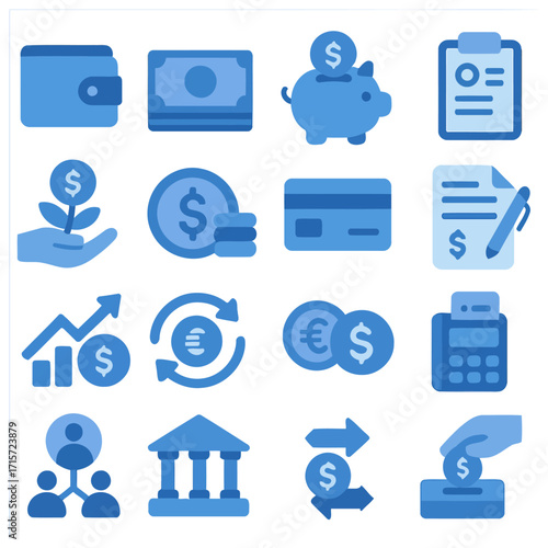 Financial Icons: A collection of meticulously crafted blue financial icons, meticulously designed to visually represent diverse aspects of finance, money management, and banking.